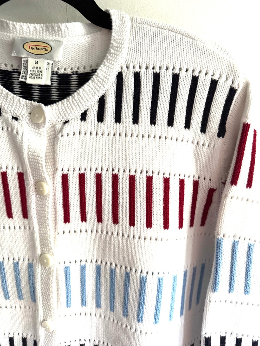 Talbots White Knit Cardigan Sweater with Red, Blsck and Light Blue Stripes